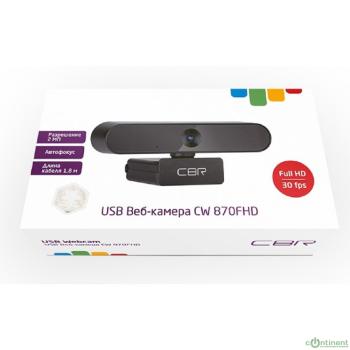 CBR CW 870FHD Black, Веб-камера с матрицей 2 МП, разрешение видео 1920х1080, USB 2.0, встроенный микрофон с шумоподавлением, автофокус, крепление на мониторе, длина кабеля 1,8 м, цвет чёрный