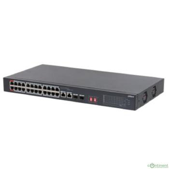 DAHUA DH-S3226-24ET-375 24-портовый неуправляемый коммутатор с РоЕ; 24xRJ45 100M (PoE/PoE+/Hi-PoE), 2xCombo SFP/RJ45 1G (uplink); суммарно до 370Вт; PoE watchdog, до 250м; питание: 100–240VAC;