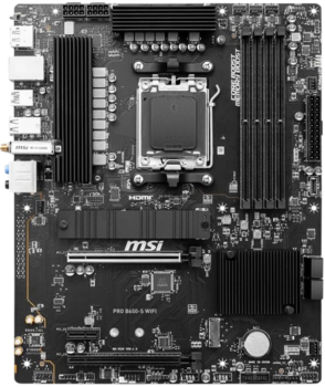 MSI PRO B650-S WIFI ATX, сокет AM5, чипсет AMD B650, 4xDDR5, 2xPCI-E 4.0, 2xM.2, Type-C, сеть: 2.5 Гбит/с, Wi-Fi, Bluetooth, HDMI, DisplayPort