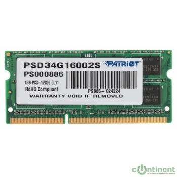 Patriot DDR3 SODIMM 4GB PSD34G16002S (PC3-12800, 1600MHz, 1.5V)