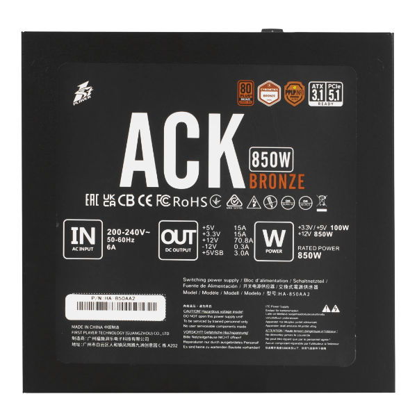 850W 1STPLAYER ACK BRONZE HA-850AA2 Black, ATX12V 3.1, cертификат 80 PLUS Bronze