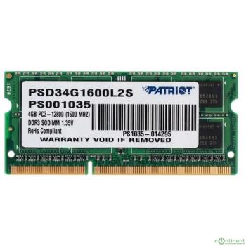 Patriot DDR3 SODIMM 4GB PSD34G1600L2S (PC3-12800, 1600MHz, 1.35V)