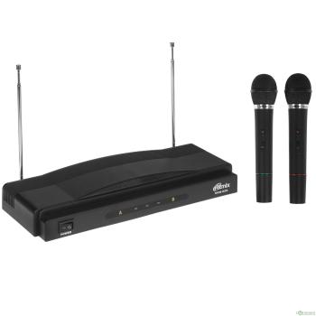 RITMIX RWM-220 {2 микрофона: 87.5 МГц - 92 МГц; раб. частоты: 100 Гц - 10 000 Гц;Чувств.: -30 дБ +/-3 дБ; пит. системы: AC 220 в  / 500 мА}