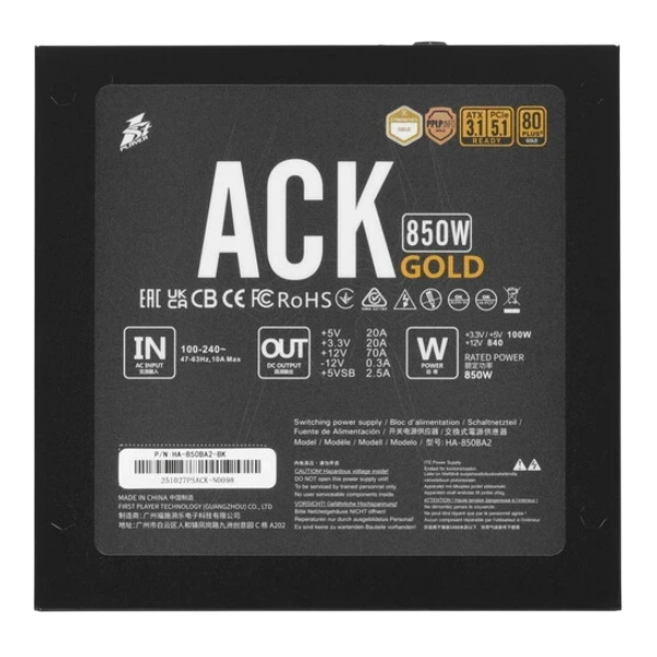 850W 1STPLAYER ACK GOLD HA-850BA2 Black, ATX12V 3.1, cертификат 80 PLUS Gold