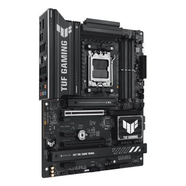 ASUS TUF GAMING B850-PLUS WIFI ATX, Socket AM5, чипсет AMD B850, 4xDDR5, PCI-E 5.0, PCI-E 4.0, 3xM.2, Type-C,сеть: 2.5 Гбит/с, Wi-Fi, Bluetooth, HDMI, DisplayPort, подсветка