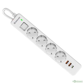 Defender Удлинитель с сетевым фильтром DFS 143 3 м,белый,4розетки,USB+TypeC [99434]