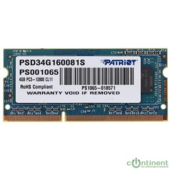 Patriot DDR3 SODIMM 4GB PSD34G160081S (PC3-12800, 1600MHz, 1.5V)