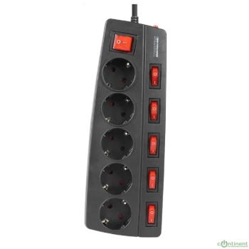 Filum Сетевой фильтр FL-SPL5-1.8M-BL, 2500 Вт., 5 розеток, защитные шторки, инд. выключатели, шнур 1.8 м., черный {00-01095523}